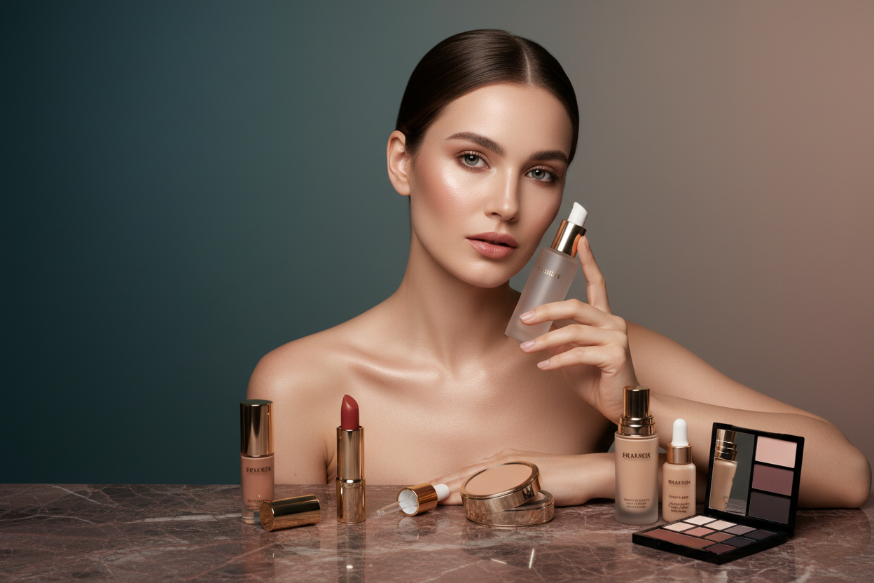 cosmetic products with model german female and background of banner where white text show properly